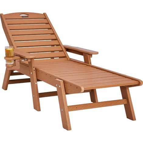 Bain de Soleil, Capacité de Charge 181 kg, Chaise Longue Jardin PEHD, avec Dossier Réglable sur 6 Positions, Accoudoir, Porte-gobelet, pour Extérieur, Piscine, Terrasse, Patio, Pelouse, Marron (1/5)