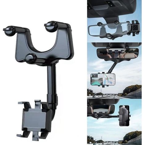 Support de téléphone pour rétroviseur de voiture, rotation à 360 degrés, longueur réglable, adapté aux smartphones GPS (1/4)