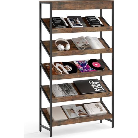 COSTWAY Libreria a 6 Ripiani, Scaffale Inclinato con Struttura Metallica, Porta Giornali Industriale in Legno, Organizer per Soggiorno Camera da Letto Studio, 90x30x161 cm (Marrone) (1/5)