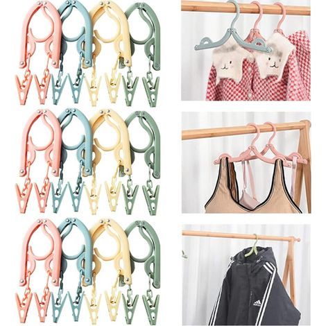 Set mit 12 faltbaren Kleiderbügeln mit Clips (4 Farben), tragbare Reisekleiderbügel aus Kunststoff, faltbar und platzsparend, für Zuhause, Reisen und Camping. (1/5)