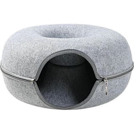 Niche pour chat ronde en forme donut 50x50x20cm, panier semi-fermé lavable en feutre pour animaux