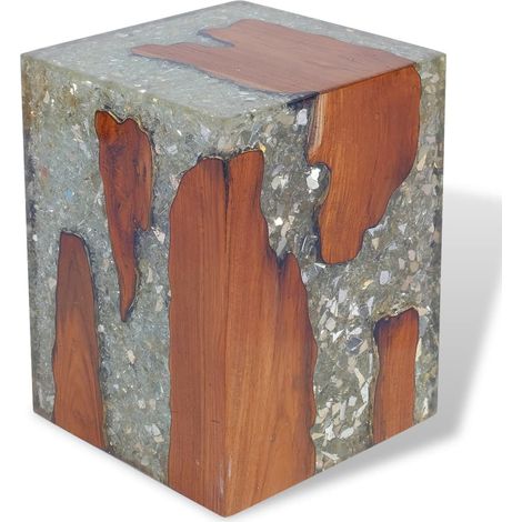 Taburete con asiento de apoyo para plantas en madera maciza de teca y resina multicolor DEC026338