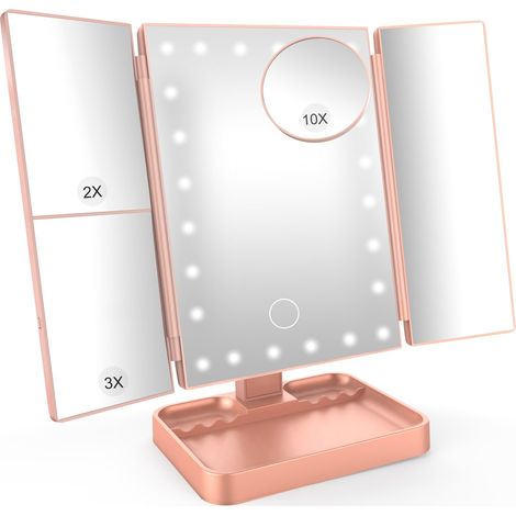 Miroir de Maquillage Lumineux - Miroir Tripliant Pliable avec 24 LEDs, Grossissement 1X/2X/3X/10X, Écran Tactile, Rotation 180°, Alimentation Double (USB/Batterie) - Or Rose (1/5)
