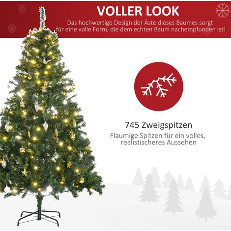 Sapin de Noël synthétique 180 cm avec guirlandes LED intégrées, boules décoratives, 745 branches, décoration festive avec pied en métal pour intérieur (1/4)