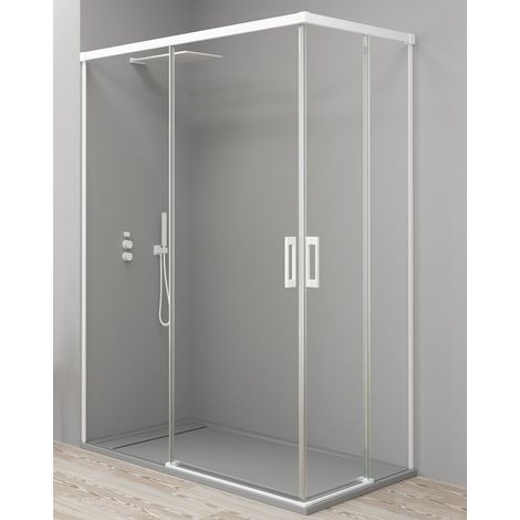 Mampara Ducha Rectangular Angular Corredera 2 Puertas + 2 Fijos Cristal 6mm Antical Transparente Perfil Blanco Mate - 70 cm (Adaptable 67-70cm) - 70 cm (Adaptable 67-70cm) (1/5)