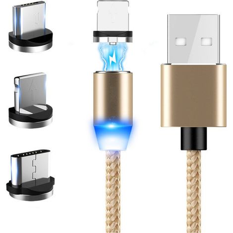 Cable de datos magnético de 2 m de longitud, función de carga rápida USB, cable de carga multifunción 3 en 1 para teléfonos móviles, compatible con conectores Micro-USB y Tipo-C, con indicador LED. (1/5)