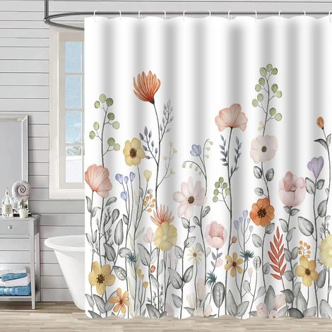 Cortina de ducha resistente al moho, 150 x 180 cm, estampado acuarela con hojas de plantas, lavable, impermeable, cortina de baño pequeña con ganchos, estilo (1/5)