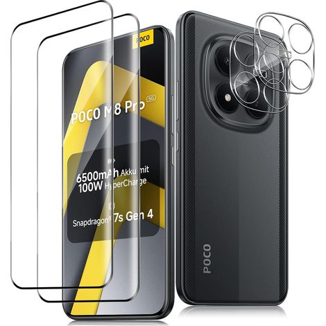Verre Trempé pour Xiaomi POCO M8 Pro 5G, 2+2 Pièces Protection écran + Caméra Arrière Protecteur, 3D 9H Dureté Film, Anti-Rayures Sans Bulles HD Vitre Protecteurs d'écran (1/5)