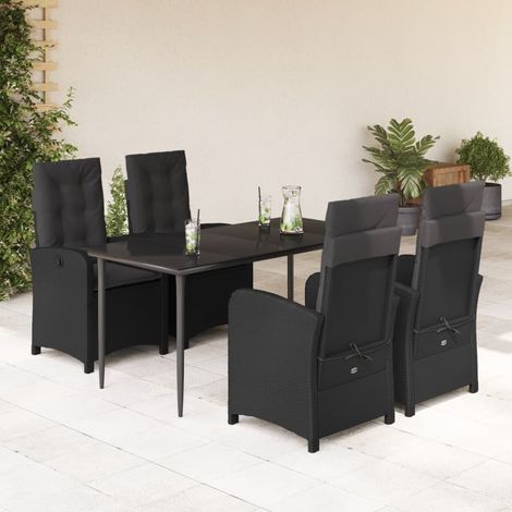 Ensemble de Jardin 5 Pièces Noir en Résine Tressée avec Coussins, Table Verre 160x80 cm et Chaises Inclinables, Facile à Nettoyer (1/5)