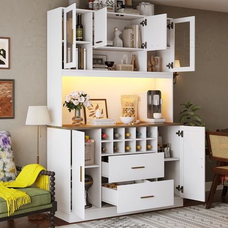 MODFU - Buffet de cuisine haut 180 cm avec LED et prise USB, meuble de rangement 6 portes 2 tiroirs, MDF et métal, blanc poignées dorées (1/5)