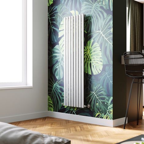 ELEGANT Vertical Column Designer Radiator White Oval Single Panel Rad 1600 x 472mm + Angled Radiator Valves (1/5)