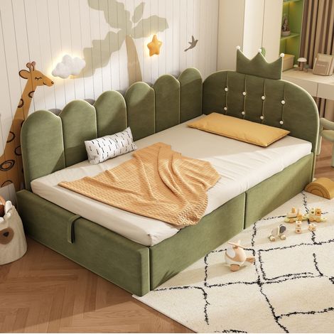 Cama infantil tapizada con almacenaje y corona verde HAVRYA (1/5)