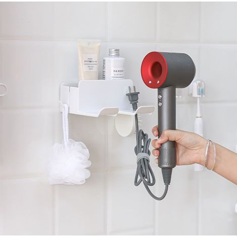 Support Seche Cheveux, Porte Seche Cheveux Mural sans Percage, Rangement Salle de Bain avec Rangement ABS et Range-Câbles (1/5)