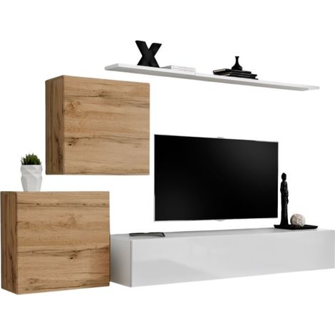 Conjunto de muebles para salón SWITCH V diseño, color blanco brillante y roble Wotan.