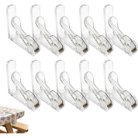 Pinzas transparentes para manteles [Paquete de 10] - Pinzas de plástico para manteles de mesas de hasta 45 mm de grosor - Resistentes a la intemperie, antideslizantes y elegantes - Ideales para jardín (1/5)