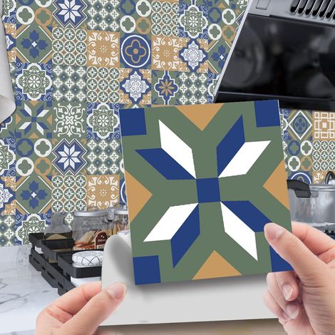 Carrelage Adhésif 15x15 Vert Bleu Credence Adhesive pour Cuisine Brique,20 Pcs Stickers Muraux Salle de Bains Cuisine Carrelage Adhesif Mural avec Motifs de Carrelage Dalle Pvc Adhesive Murale (1/5)
