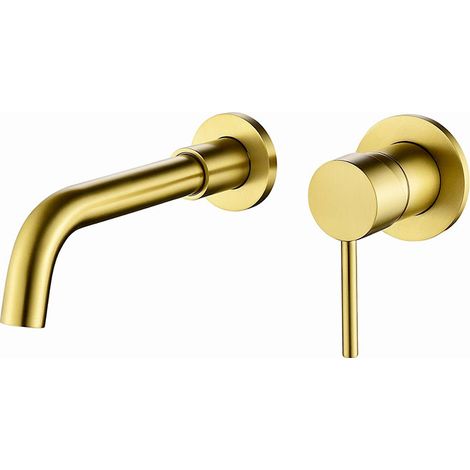 Wandmontierter Waschtischhahn, hochwertiger wandmontierter Mischbatterie aus Messing, verdeckter Badezimmerhahn, 360 ° schwenkbarer Warm- und Kaltwasserhahn, gebürstetes Gold