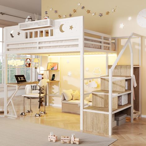 Lit haut 140x200 cm avec bureau, port USB et bande LED, Lit Superposé Enfant avec cadre en fer, panneau perforé, étagères multiples – sans matelas (1/5)