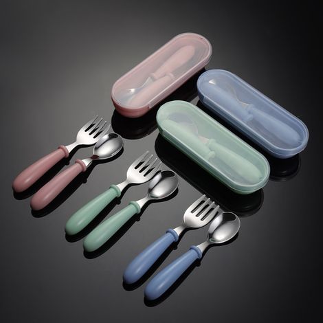 Couverts Enfant - Fourchette Et Cuillère En Acier Inoxydable 304 - Poignées En Silicone Arrondies - Pour Bébé Et Tout-Petits - Lot De 2 Pièces Avec Boîte De Rangement (1/5)