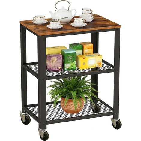 Relaxdays kitchen trolley 3 shelves, wood-effect, castors, kitchen & home office, HxWxD 77.5x60x40 cm, metal brown-black