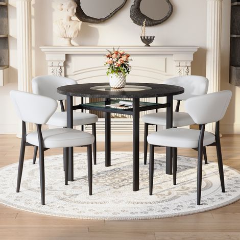Set tavolo rotondo 100 cm con 4 sedie bianche in PU e piano effetto legno nero OKWISH (1/5)