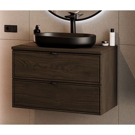 Ensemble Meuble Vasque 80 cm + Plateau + Vasque posée - L 80 x P 46 x 52,5 cm - Caldera Foncé - Livraison gratuite