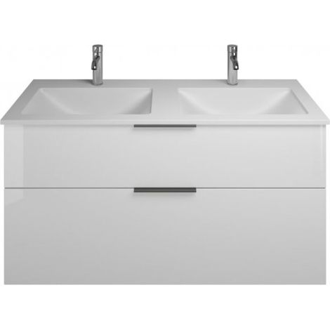Burgbad Eqio Mineralguss-Doppelwaschtisch mit Unterschrank 122 cm, mit Mittelsteg und 2 Auszügen, mi Weiß Hochglanz/Alpinweiss Schwarz matt (1/2)