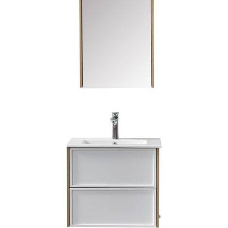 Meuble sous vasque suspendu blanc et bois 60 cm – MDF avec tiroirs amovibles – Miroir 50 cm – Vasque en porcelaine blanche – Wilsa Garden (1/3)