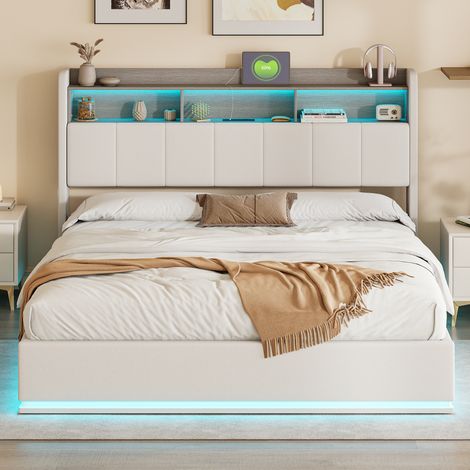 Lit coffre 160x200 cm, cadre de lit led avec sommier hydraulique, tete de lit avec rangement et usb, 2 places pour adulte et ado, beige velour (1/5)