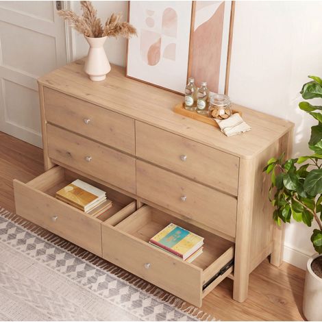 Cómoda de 120x40x80 cm con 6 cajones, almacenamiento práctico para dormitorio, salón o recibidor, tablero de partículas de roble. (1/5)