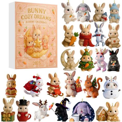 Calendrier de l'Avent de Noël 2026 - Pendentif acrylique 2D en forme d'animal mignon - 24 pièces - Décoration de sapin - Lapin (gj685-001) (1/3)