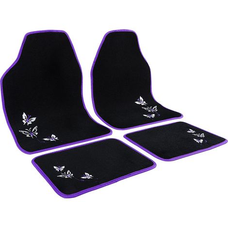 Woltu – Tapis de voiture universel lot de 4 – Tapis de sol en tissu résistant aux intempéries – Dimensions avant 66x43cm, arrière 30x40cm – Noir et violet (1/4)