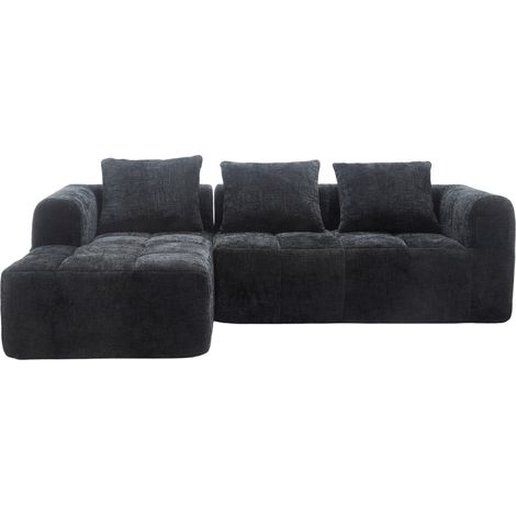 Modernes schwarzes Ecksofa aus Chenille mit Chaiselongue, 3 Kissen, ohne Montage (1/5)