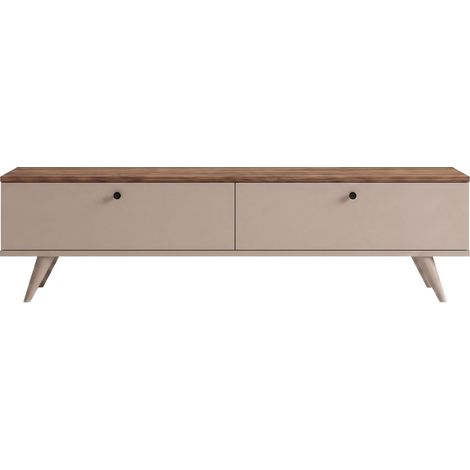 Meuble TV 2 portes plateau bois foncé L140cm - Beige - Yara (1/5)