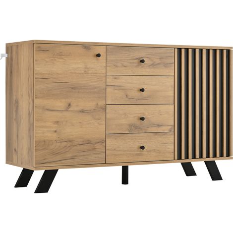 Buffet salon en MDF et bois massif 120x38x75 cm avec 4 tiroirs et 2 armoires, finition bois naturel et noir (1/5)