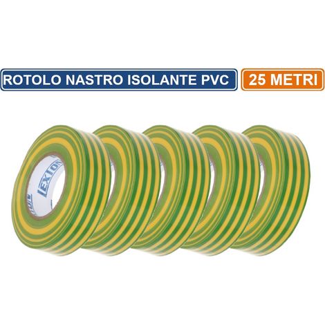 CONFEZIONE 5 PEZZI NASTRO ISOLANTE IN PVC VERDE/GIALLO 25 METRI SPESSORE 0.13MM (1/3)