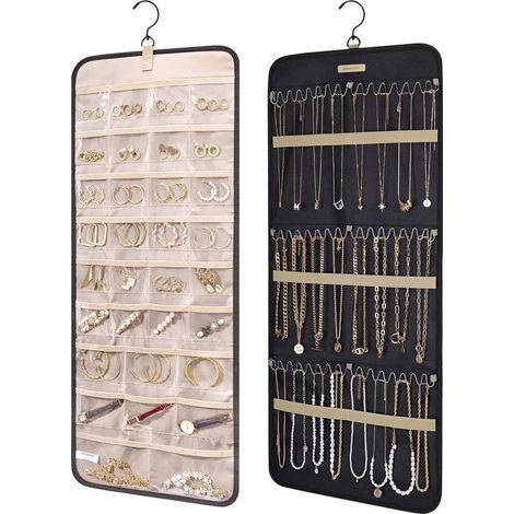 Organisateur de bijoux suspendu, rouleau de rangement avec cintre, crochets en métal, porte-bijoux double face pour boucles d'oreilles, colliers, bagues sur armoire, mur, porte, 1 pièce, grand (1/5)