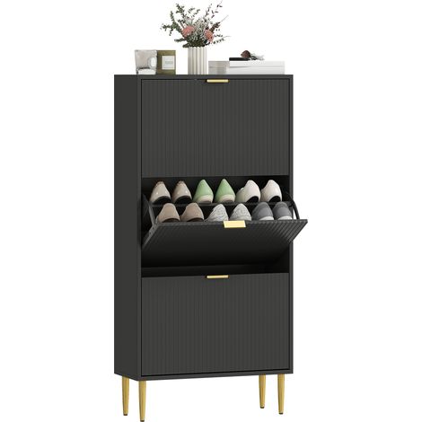Meuble à chaussures - HOMCOM - 18 paires, 3 tiroirs rabattables, portes cannelées et étagères réglables - MDF - 60x24x122,5cm - noir