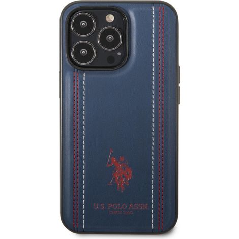 Étui en cuir cousu US Polo Assn pour iPhone 14 Pro Max (bleu marine)