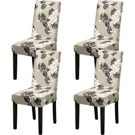 Housses de chaise extensibles pour salle à manger, lot de 4, motif feuilles noires (1/5)