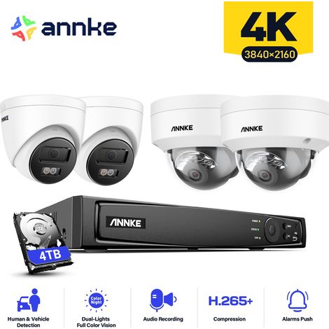 ANNKE 4PCS 12MP Sistema di telecamere di sorveglianza interni esterni, rilevamento di persone/veicoli, accesso remoto visione notturna colori, 2 Torri+ 2 Dome Telecamere 4TB (1/5)