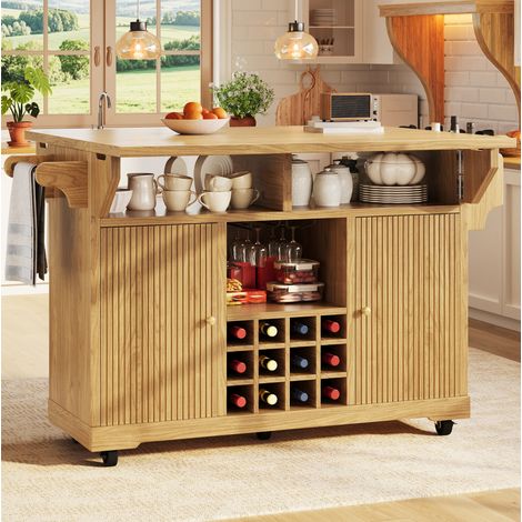 Mueble de cocina móvil extensible con almacenamiento y botellero, natural HAVRYA (1/5)