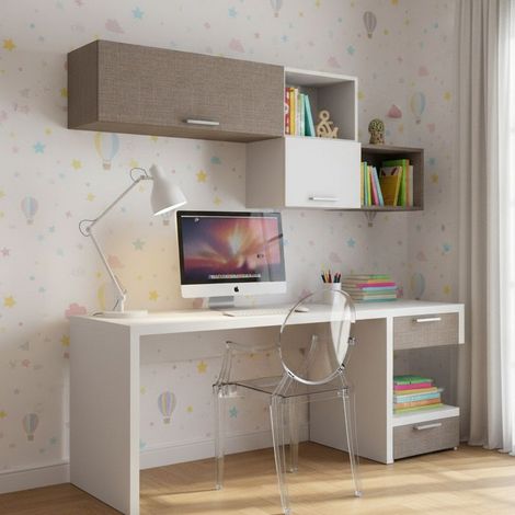 Angolo studio moderno con cassettiera sfalsata per cameretta - Bianco e Fumo