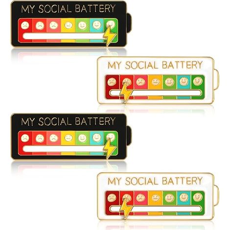 Pin's Ma Batterie Sociale, 4 Pin's Ma Batterie Sociale, Pin's Émaillés Interactifs, Pin's Émotionnels Créatifs (Blanc + Noir) (1/5)