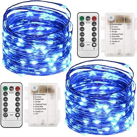 Juego de 2 guirnaldas de luces LED a pilas，10 m，100 LED，con mando a distancia，8 modos de iluminación，resistente al agua IP20，Morado oscuro (1/5)