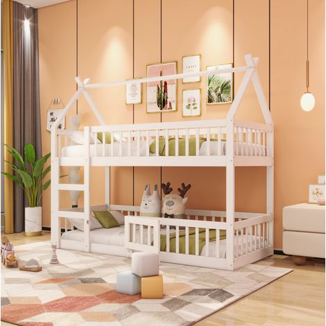 Litera 90/200 cm blanca de madera con escalera integrada y barandillas de seguridad (1/5)