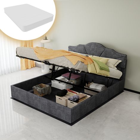 Lit moderne minimaliste et moelleux, tête de lit confortable et douce, 160200CM, gris, mobilier de chambre multifonctionnel, sommier coffre haut avec tige pneumatique, matelas 160200cm inclus. (1/5)