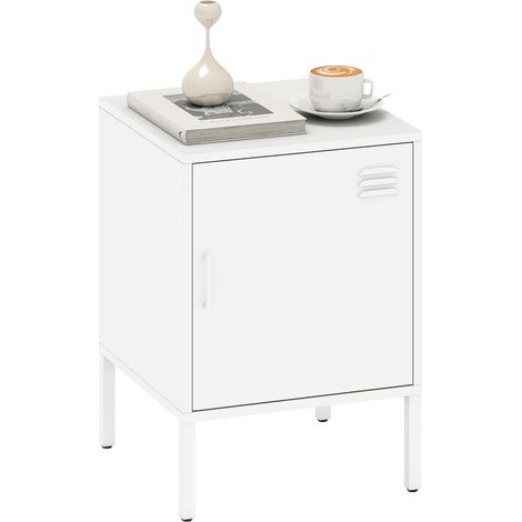 Table de chevet en acier, table d'appoint multifonctionnelle, étagère réglable, pour chambre ou salon, blanche (1/5)