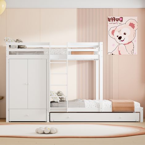 Lit superposé 90 × 200 cm avec lit inférieur gigogne, armoire, tiroirs et compartiments de rangement, bois massif, blanc (1/5)