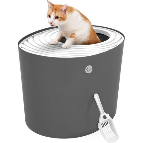 Maison de Toilette pour Chat avec Pelle, Max. 7 kg, Gris, Ouverture en Haut, Bac a Litiere avec Couvercle, Amovible, pour Chaton, Grande Capacité, sans BPA, Nettoyage Facile, PUNT-530 (1/5)